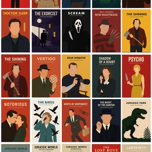 May include: A collection of 20 movie posters with minimalist designs. The posters feature titles like "The Shining," "Psycho," and "Jurassic Park." Each poster has a unique color scheme and stylized illustrations of characters or scenes.