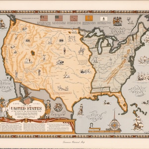 May include: A vintage map of the United States, showing the country's borders and geographical features. The map is in shades of tan and brown, with illustrations of historical figures, ships, and animals. The title "United States" is prominently displayed.