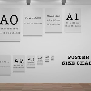 Puede incluir: Un cuadro de tama&ntilde;os de p&oacute;steres en una pared blanca, mostrando varias dimensiones. Incluye A0 (841 x 1189 mm), A1 (594 x 841 mm) y Maxi Size (610 x 915 mm), junto con otros tama&ntilde;os de la serie A. El texto "POSTER SIZE CHART" tambi&eacute;n es visible.
