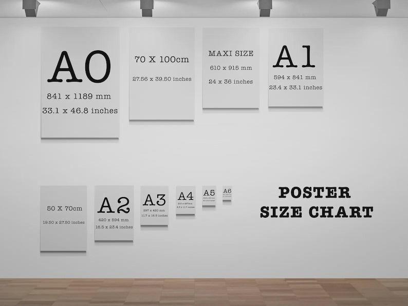 Puede incluir: Un cuadro de tama&ntilde;os de p&oacute;steres en una pared blanca, mostrando varias dimensiones. Incluye A0 (841 x 1189 mm), A1 (594 x 841 mm) y Maxi Size (610 x 915 mm), junto con otros tama&ntilde;os de la serie A. El texto "POSTER SIZE CHART" tambi&eacute;n es visible.
