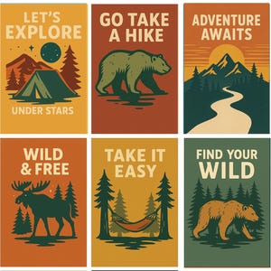 May include: A series of vintage-style posters with outdoor adventure themes. Each poster features illustrations of bears, mountains, camping scenes, and text like "Go Take a Hike" and "Adventure Awaits." The colour palette includes earthy tones.
