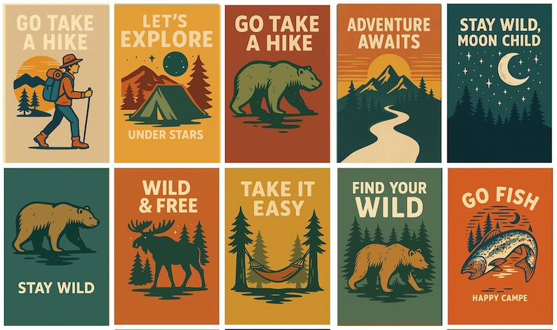May include: A series of vintage-style posters with outdoor adventure themes. Each poster features illustrations of bears, mountains, camping scenes, and text like "Go Take a Hike" and "Adventure Awaits." The colour palette includes earthy tones.