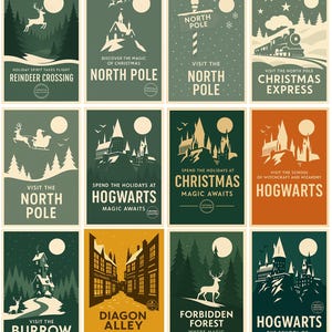 May include: A set of vintage travel posters with illustrations of the North Pole, Hogwarts, and other magical locations. The posters feature text such as "Reindeer Crossing", "Christmas Express", and "Diagon Alley", in a retro style.