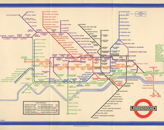 Retro London Subway Map (1933) Poster Print Available in Many Sizes - FRAMED or UNFRAMED Available