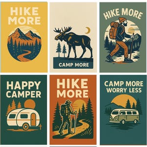 May include: A collection of ten vintage-style posters with outdoor adventure themes. Each poster features illustrations of a fish, mountains, a moose, a hiker, a tent, a footprint, a camper, a hiker, a van, and a canoe, with phrases like "Keep it Reel" and "Hike More."