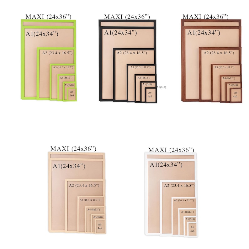 May include: A collection of framed art prints in various sizes, including MAXI (24x36"), A1 (24x34"), A2 (23.4 x 16.5"), A3, A4, A5, and A6. The frames come in green, black, brown, beige, and white.