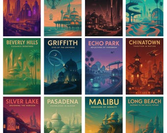 May include: A collection of twelve art prints featuring stylized illustrations of Los Angeles landmarks. Each print showcases a different location, such as Downtown LA, Santa Monica, and Hollywood, with vibrant colors and futuristic designs.