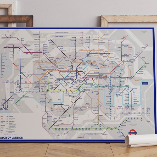 London Map With Elizabeth Line - Canvas Wall Art Framed Print Canvas - Large Wall Art - Recent Map in Various Sizes