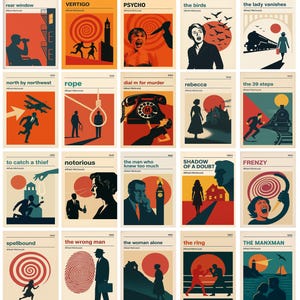 May include: A set of 20 vintage film posters, each with a distinctive design and title. The posters feature vibrant colours, stylized illustrations, and the names of Alfred Hitchcock films. Titles include "Psycho," "Vertigo," and "Rear Window."