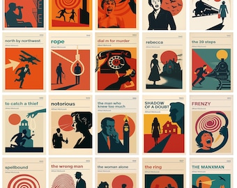 May include: A collection of 20 vintage movie posters, each with a unique design and title. The posters feature bold colors, stylized illustrations, and the names of Alfred Hitchcock films. The titles include "Psycho," "Vertigo," and "Rear Window."