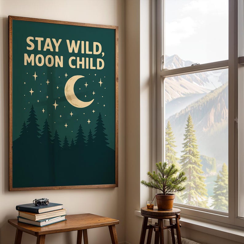 May include: A framed print with the words "STAY WILD, MOON CHILD" above a crescent moon and stars. The artwork has a dark green background with a forest silhouette at the bottom. The frame is a dark brown colour.
