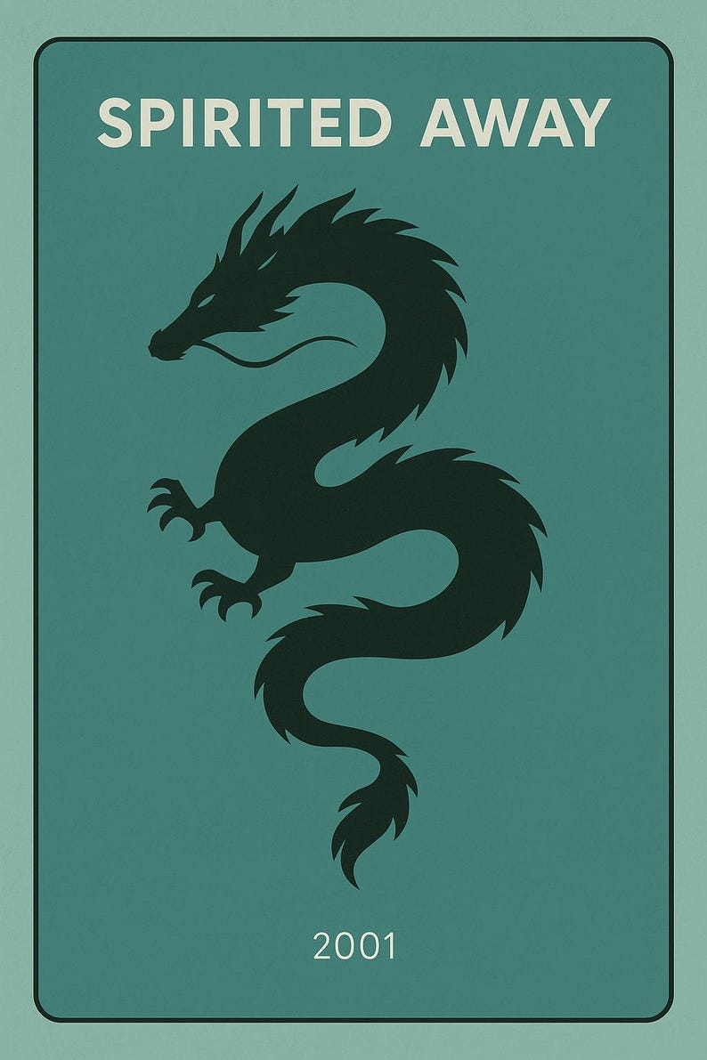 Puede incluir: Un p&oacute;ster turquesa con la silueta negra de un drag&oacute;n de la pel&iacute;cula "El Viaje de Chihiro". El t&iacute;tulo "SPIRITED AWAY" est&aacute; en la parte superior, con el a&ntilde;o "2001" en la parte inferior. El drag&oacute;n est&aacute; curvado.