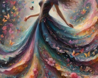 Girl with wavy dress with Butterflies, flowers, ballerina, Poster - Framed Poster - Gallery Wrapped Canvas - All Available in Sizes