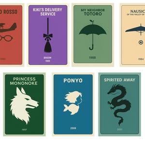 Puede incluir: Conjunto de siete l&aacute;minas art&iacute;sticas minimalistas con pel&iacute;culas ic&oacute;nicas de Studio Ghibli. Cada l&aacute;mina tiene un fondo de color s&oacute;lido con un gr&aacute;fico simple y el t&iacute;tulo y el a&ntilde;o de la pel&iacute;cula. Las pel&iacute;culas incluyen Porco Rosso, Nicky, la aprendiz de bruja, Mi vecino Totoro y El viaje de Chihiro.