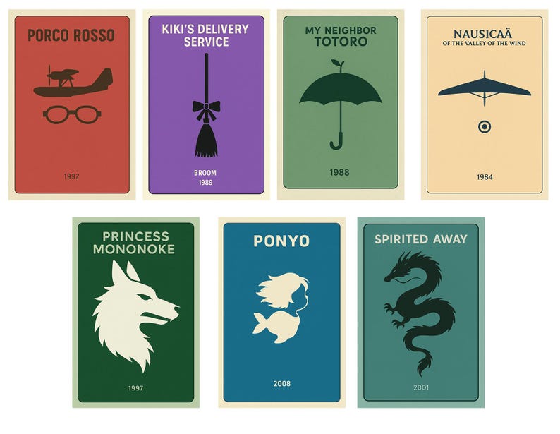 Puede incluir: Conjunto de siete l&aacute;minas art&iacute;sticas minimalistas con pel&iacute;culas ic&oacute;nicas de Studio Ghibli. Cada l&aacute;mina tiene un fondo de color s&oacute;lido con un gr&aacute;fico simple y el t&iacute;tulo y el a&ntilde;o de la pel&iacute;cula. Las pel&iacute;culas incluyen Porco Rosso, Nicky, la aprendiz de bruja, Mi vecino Totoro y El viaje de Chihiro.