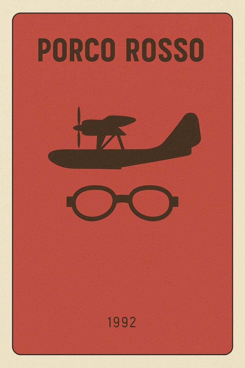 Puede incluir: P&oacute;ster con el texto "PORCO ROSSO" sobre una silueta de hidroavi&oacute;n y unas gafas. El a&ntilde;o "1992" est&aacute; impreso en la parte inferior. El fondo es rojo.