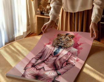 Lioness and Pink Flowers Print, Female Lion Wall Art Illustration 