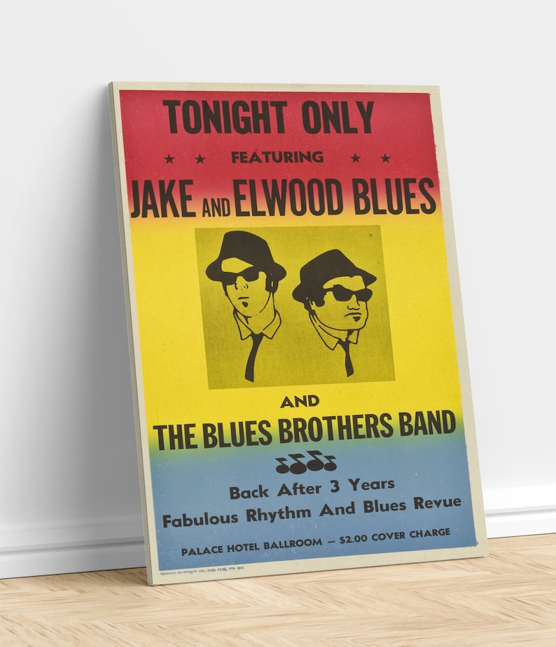 K&ouml;nnte beinhalten: Ein Vintage-Konzertplakat mit gelbem Hintergrund und roten und blauen Akzenten. Das Plakat wirbt f&uuml;r ein Konzert von Jake und Elwood Blues und der Blues Brothers Band. Das Plakat zeigt eine Comic-Abbildung der beiden Br&uuml;der mit Sonnenbrillen und H&uuml;ten. Der Text auf dem Plakat lautet "Heute Abend nur", "Mit", "Jake und Elwood Blues", "Und", "The Blues Brothers Band", "Zur&uuml;ck nach 3 Jahren", "Fabulous Rhythm And Blues Revue", "Palace Hotel Ballroom", und "2,00 &euro; Eintritt".