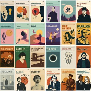 May include: A set of 20 film posters with minimalist designs. Each poster displays a title, year, and a stylized illustration. Films include "The Matrix," "La La Land," and "The Exorcist," with diverse colour schemes and graphic styles.