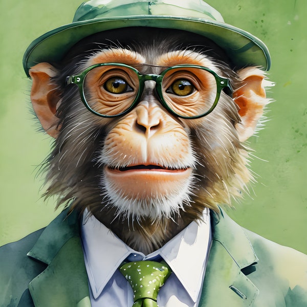 Wall Art, Monkey Art - Monkey Wearing Suit with Glasses - Poster - Framed Poster - Gallery Wrapped Canvas - All Available in Various Sizes
