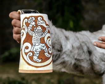 NORSE EMPIRE Premium Drinking Horn Mug (Ragnarok with Detailed Pyrography) 14-18oz Unique & 100% Authentic| Vikings Beer Horn| Hand Carved