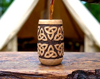 Handcrafted Celtic Knot Wood Cup – Viking Style Nordic Guksi Mug | Rustic Wooden Coffee Cup & Bushcraft Outdoor Drinkware