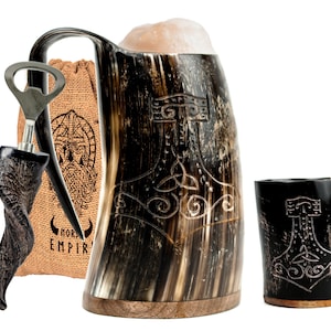 Viking Drinking Horn Mug Set beer mug for Ale mead cold drinks Great Gift Idea Engraved Stein Tankard, Mjolnir Natural 16oz, Father day gift