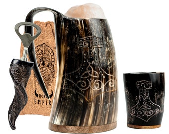 Viking Drinking Horn Mug Set with Engraved Mjolnir & Shot Glass - Gift Set