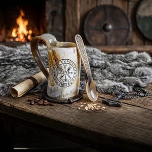Viking Horn Tankard Set | Handcrafted Norse Coffee & Beer Mugs with Spoon