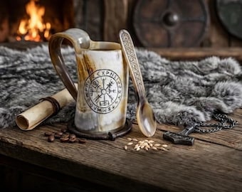Handcrafted Viking Horn Mug Set – Norse Tankard with Spoon & Bottle Opener | Rustic Real Ox Horn Beer Cup and Mead Drinkware