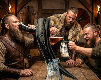 Handcrafted Ox Horn Drinking Horn: Norse Viking Beer Cup with Stand