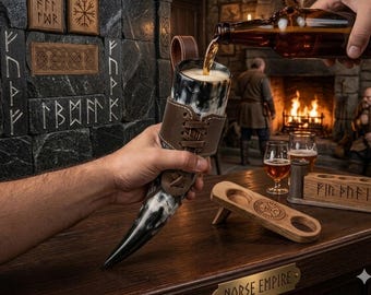 Handcrafted Ox Horn Drinking Horn – Real Norse Viking Beer Stein & Mead Vessel | Rustic Medieval Groomsmen Gift and Barware Set