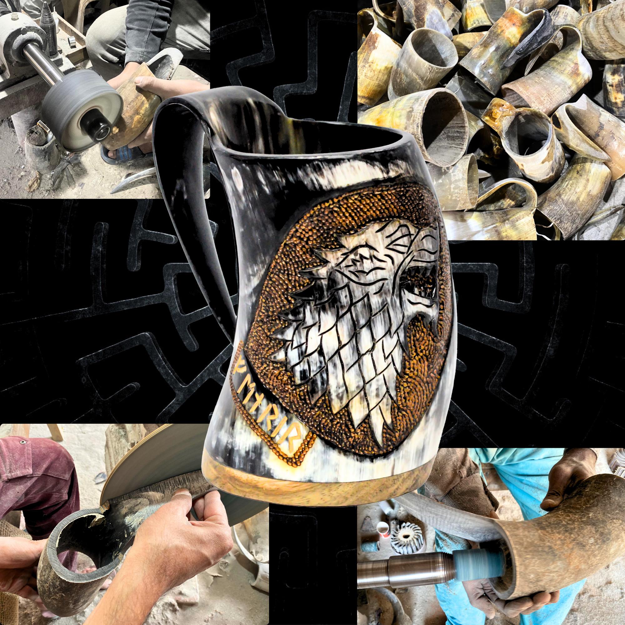 Engraved Viking Ox Horn Mug, Fenrir & Mjolnir, Hand Pyrography Tankard ...