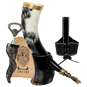 Norse Empire Viking Drinking Horn 12-14oz Includes A Leather Belt, Horn Stand, & Antiqued Brass Bottle Opener, Father&#39;s day gifts