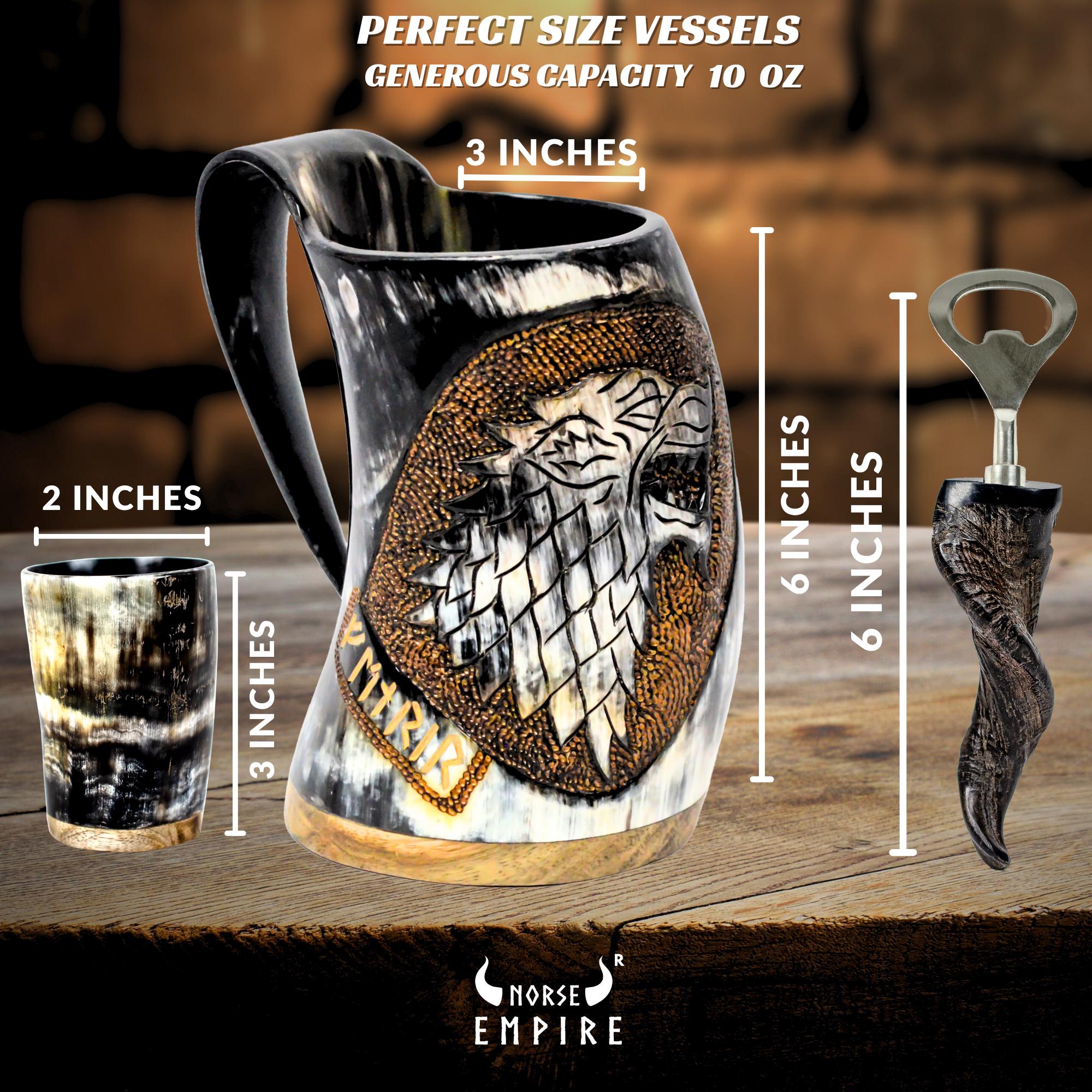 Engraved Viking Ox Horn Mug, Fenrir & Mjolnir, Hand Pyrography Tankard ...