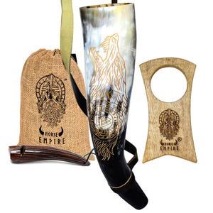 NORSE EMPIRE Viking Rustic Blowing Horn Set with Wooden Stand & Whistle  Authentic Tribal-Style Decor Instrument Battle Trumpet…