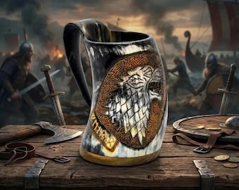Engraved Viking Ox Horn Mug with Fenrir Wolf - Authentic Norse Beer Tankard, Handcrafted Mead Stein, Pagan Groomsmen Gift for Him