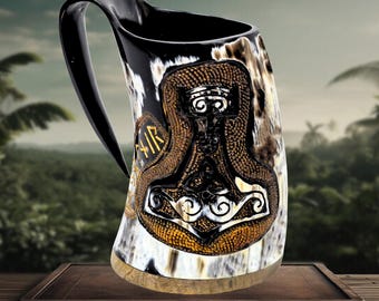 Engraved Ox Horn Viking Tankard with 3D Fenrir Artwork - Authentic Norse Beer Mug, Rustic Mead Stein and  Pagan Gift for Him