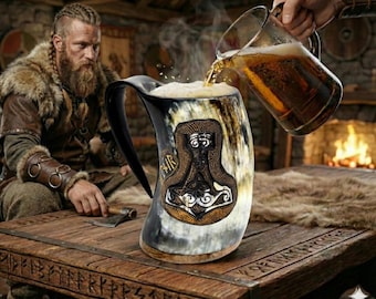 Viking Tankard - Engraved Ox Horn Mug with 3D Fenrir Artwork