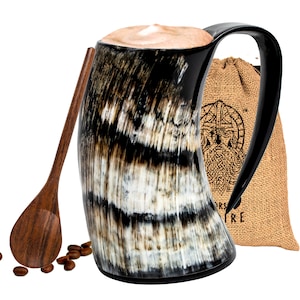 Ox Horn Viking Drinking 16oz Natural Polish Finish Mug With Wooden Spoon and Bag Mead Ale Unique Cool Style Mug For Gift & Home Decor