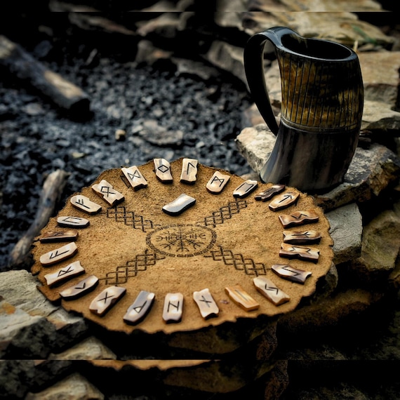Handcrafted Viking Bone Rune Divination Kit with Leather Mat & Elder Futhark Stones