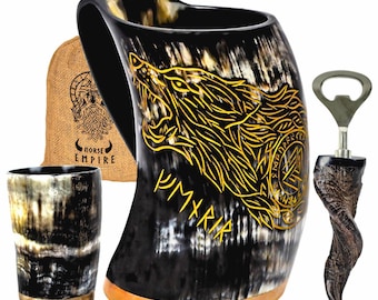 Handmade Ox Horn Viking Mug Set - Norse Tankard, Shot Glass & Bottle Opener Gift - Authentic Ale Drinking Horn Set