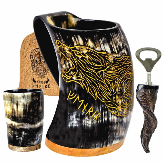 Handmade Ox Horn Viking Mug Set, Norse Tankard, Shot Glass & Opener