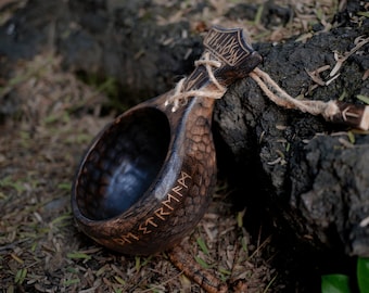 Hand-Engraved Walnut Kuksa Cup, Nordic Style, 12oz Wooden Camping Mug