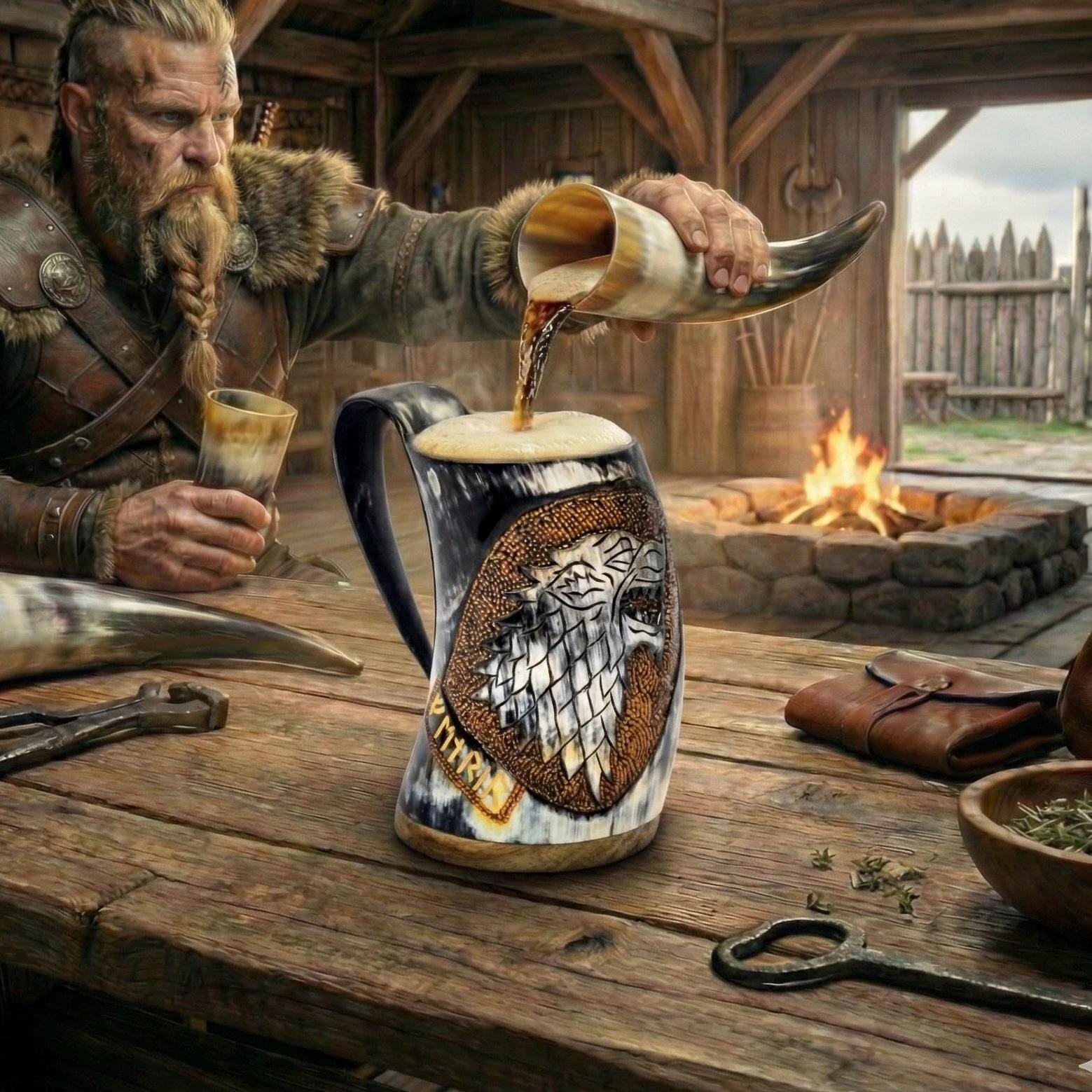 Engraved Viking Ox Horn Mug, Fenrir & Mjolnir, Hand Pyrography Tankard ...
