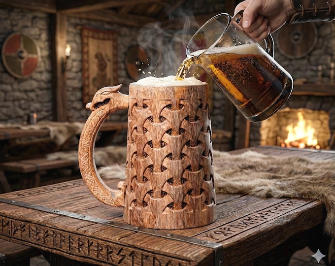 Handmade Wooden Beer Mug 20oz - Viking Tankard with Celtic Art, Rustic Norse Groomsman Gift & Men's Home Bar Décor