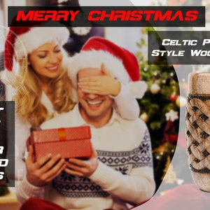 May include: A wooden cup with a Celtic knot pattern. The cup is brown and has a natural wood finish. The cup is in front of a Christmas tree and a couple in Santa hats.