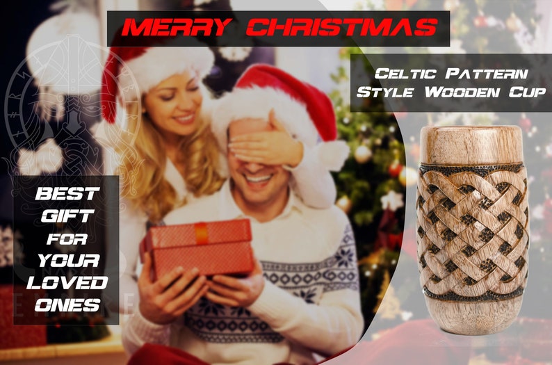 May include: A wooden cup with a Celtic knot pattern. The cup is brown and has a natural wood finish. The cup is in front of a Christmas tree and a couple in Santa hats.