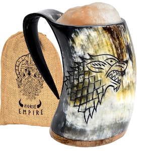 Viking Horn Mug Large by Norse Empire Handmade Beer Cup Viking Horn made up of Unique Genuine Ox Horn with Gift Bag &quot;THE ROARING FENRIR&quot;