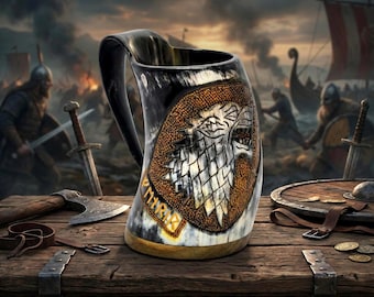Engraved Viking Ox Horn Mug, Fenrir & Mjolnir, Hand Pyrography Tankard